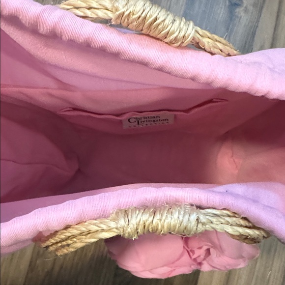 Christian Livingston Vintage Raffia Pink Fabric Roses Lined Top Handle Bag 8x10 - Picture 14 of 16